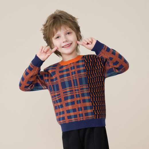 mettekids儿童100%羊绒衫2025秋冬男童撞色提花加厚针织套头毛衣 商品图1