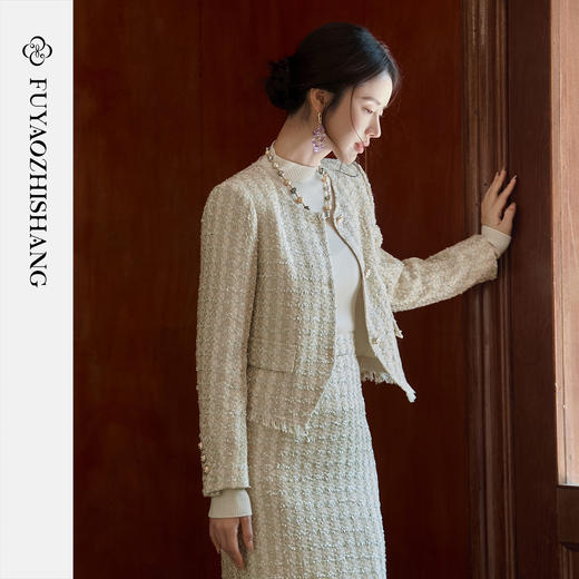 FUYAO扶摇 复古西服套装秋冬名媛小香风穿搭粗花呢加厚西装两件套 商品图2
