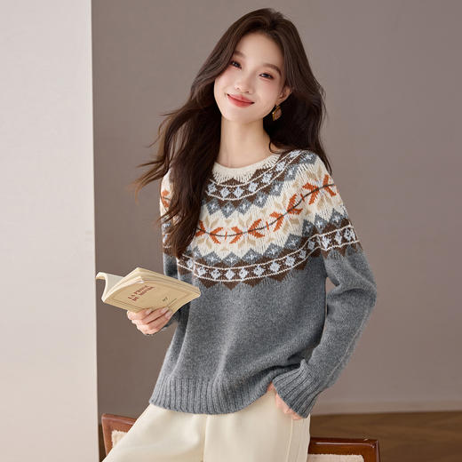 CC100纯羊毛费尔岛复古提花毛衣女秋冬宽松高级感针织打底衫上衣厚 商品图3