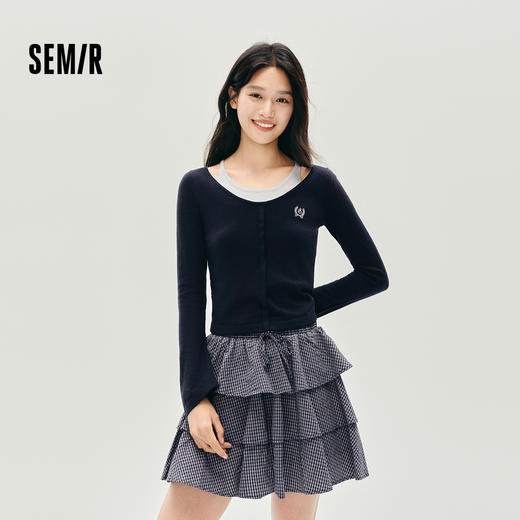 森马针织衫女冬短款假两件撞色刺绣修身2025新款小性感小心机上衣 商品图0