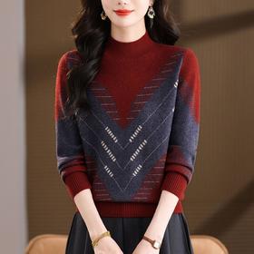 CC2025秋冬半高领撞色菱形提花毛衣女短款长袖针织衫保暖内搭打底衫