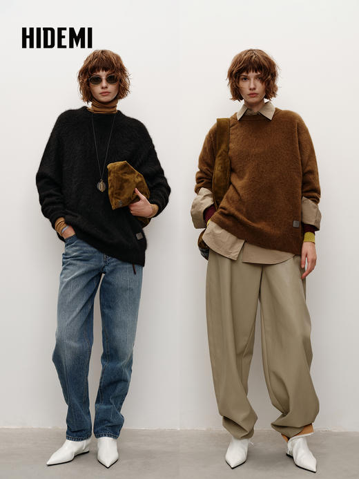 HIDEMI 藏地可溯源牦牛绒系列长毛拉毛圆领廓形麂皮拼接厚款大毛衣 商品图0