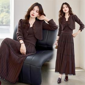 时尚套装女2025春秋新款小个子休闲宽松气质针织开衫半身裙三件套YBER601