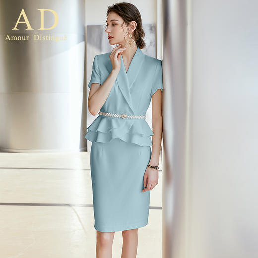 AD夏季职业装气质女神范短袖浅蓝色西装套装OL时尚通勤名媛正装 商品图0
