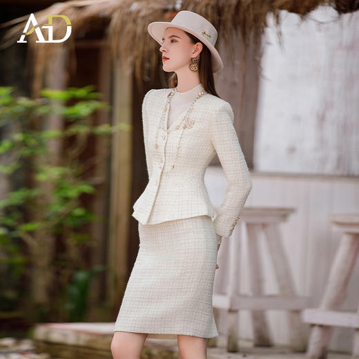 AD时尚贵气小香风套装裙女秋冬新款重工编织羊毛外套粗花呢两件套 商品图1
