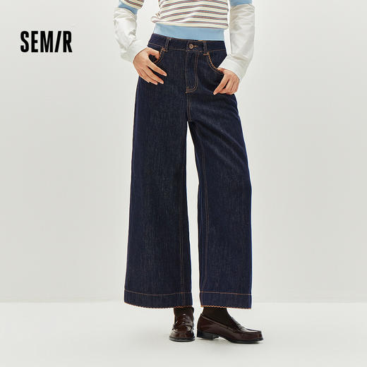 森马牛仔裤女冬花边宽松长裤加绒2025新款甜酷百搭个性显瘦阔腿裤 商品图1