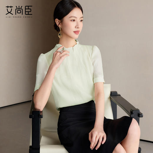 艾尚臣绿色衬衫女高级感夏季短袖薄款上衣休闲轻奢洋气花边领小衫 商品图3