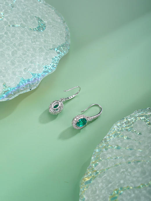 子佩集【翠御玲珑】S925银耳环【EM3085-1-XF】培育宝石祖母绿椭圆耳钩2510 商品图6