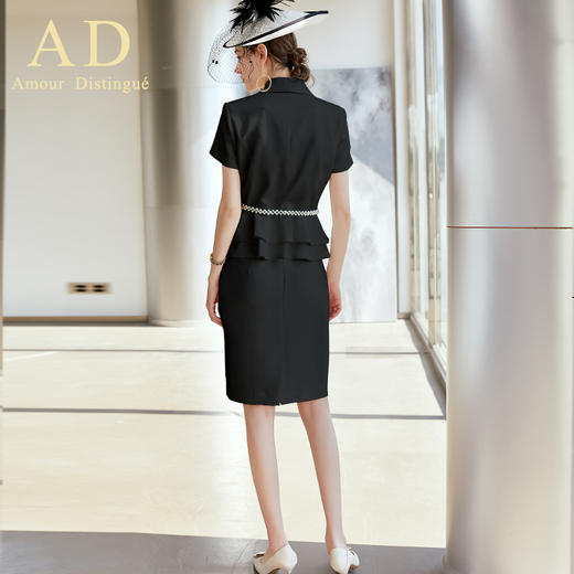 AD夏短袖职业装套装女名媛正装黑色时尚工作服气质荷叶边西装套裙 商品图4