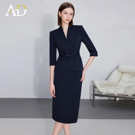 AD职场女装套装2025新款藏青色无领西装套装高级感职业装两件套裙 商品图3
