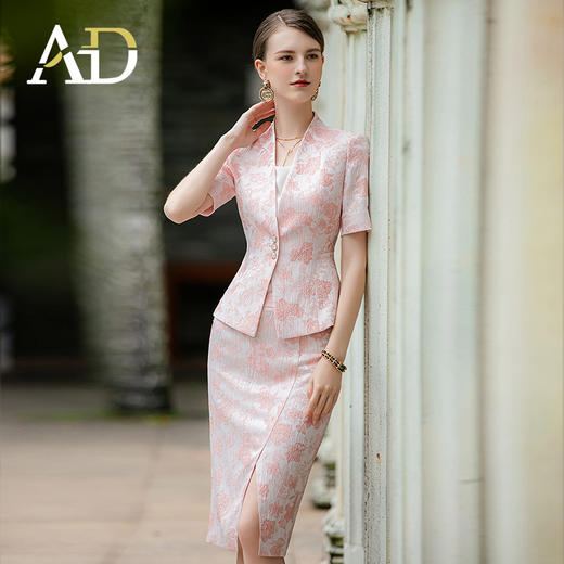 AD小香风粉色提花西装外套女短袖职业装两件套气质名媛正装套装裙 商品图0