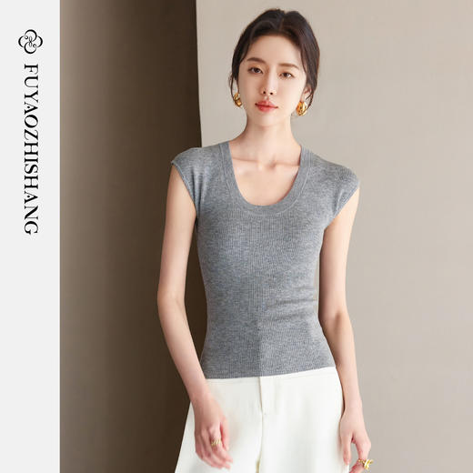 FUYAO扶摇 灰色短袖t恤女2025新款天丝针织衫夏季高级感针织上衣 商品图1