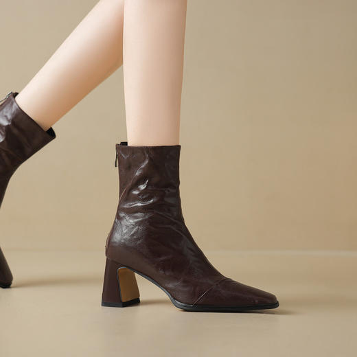 【预售5天】羊皮版~方头法式气质粗跟短靴女后拉链通勤瘦瘦靴复古马丁靴单靴WXJFG&W720 商品图3