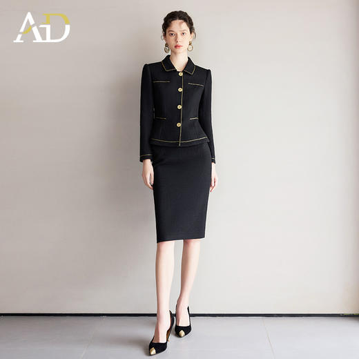 AD正式场合职业套装女名媛小香风西装套裙金色镶边短外套显瘦正装 商品图1