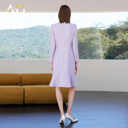 AD冬季新款气质优雅名媛女装圆领长袖修身中长款荷叶边毛呢连衣裙 商品图4