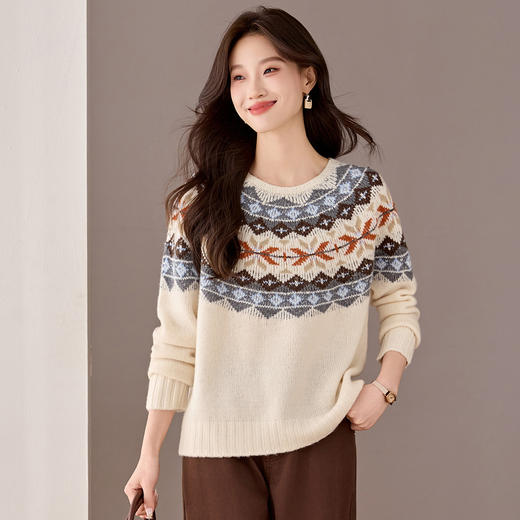 CC100纯羊毛费尔岛复古提花毛衣女秋冬宽松高级感针织打底衫上衣厚 商品图2