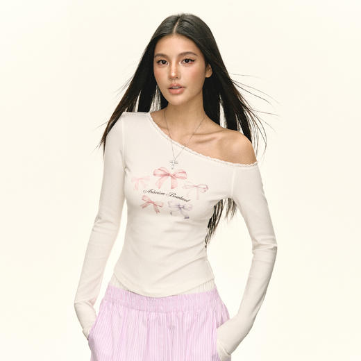 Ariseism 美式复古斜肩蝴蝶结印花长袖T恤女秋季新款修身上衣 商品图1