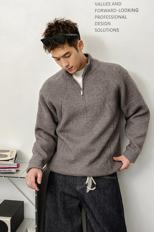 徐太浪【缉明线 半拉链】灰色立领毛衣男秋冬休闲套头针织衫上衣 商品图4