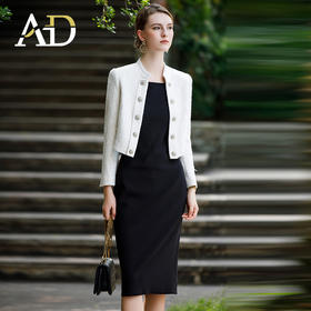 AD白色银丝粗花呢小香风外套女短款上衣时尚名媛两件套连衣裙套装