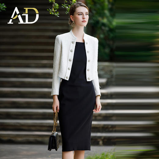 AD白色银丝粗花呢小香风外套女短款上衣时尚名媛两件套连衣裙套装 商品图0