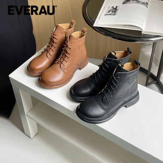 EVERAU春秋新品女士复古英伦风真皮休闲短靴马丁靴EA4041 商品图0