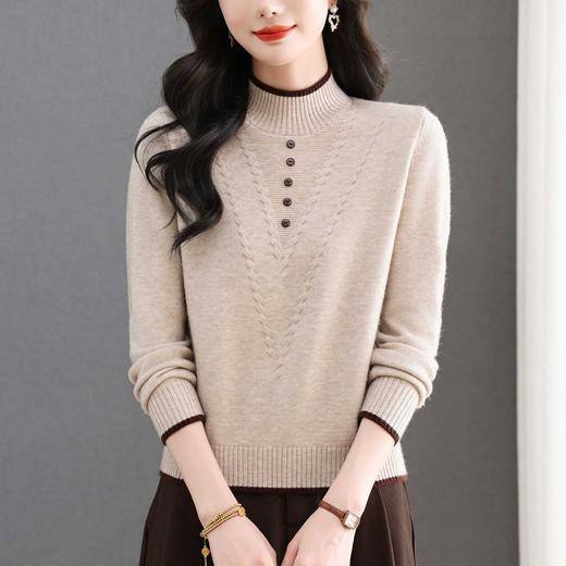 CC2025年秋冬新款米色半高领针织衫女撞色边纽扣装饰显瘦打底衫上衣 商品图1