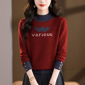 CC2025秋冬新款半高领拼色爱心字母毛衣女显瘦长袖针织衫内搭打底衫