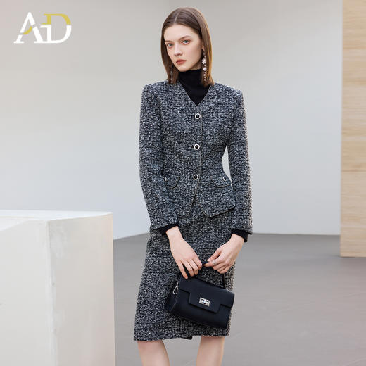 AD花灰色V领羊毛呢外套女2025秋冬短款粗花呢两件套高端职场包裙 商品图2