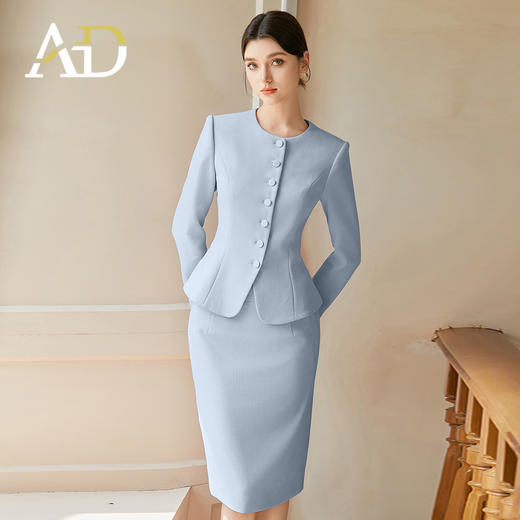 AD秋装女款2024年新款套装时尚气质蓝色圆领长袖外套名媛范工作服 商品图2