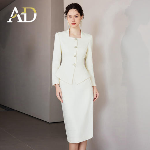 AD富家千金感穿搭套装米白色亮丝混纺小香风正装套装气质职业装冬 商品图3