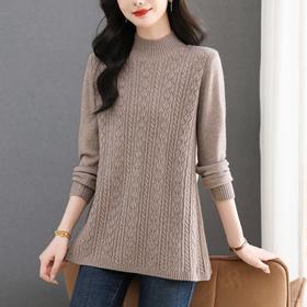 CC半高领毛衣女秋冬2025年米白色提花中长款针织衫优雅显瘦打底毛衣