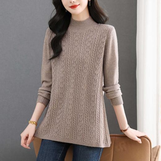 CC半高领毛衣女秋冬2025年米白色提花中长款针织衫优雅显瘦打底毛衣 商品图0