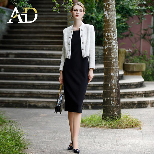 AD白色银丝粗花呢小香风外套女短款上衣时尚名媛两件套连衣裙套装 商品图1