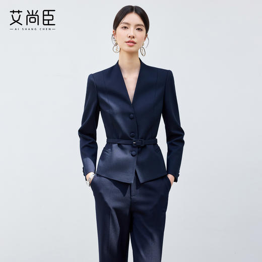 艾尚臣2025新款藏青色时尚套装V领显瘦酒店前台职业装气质工作服 商品图1