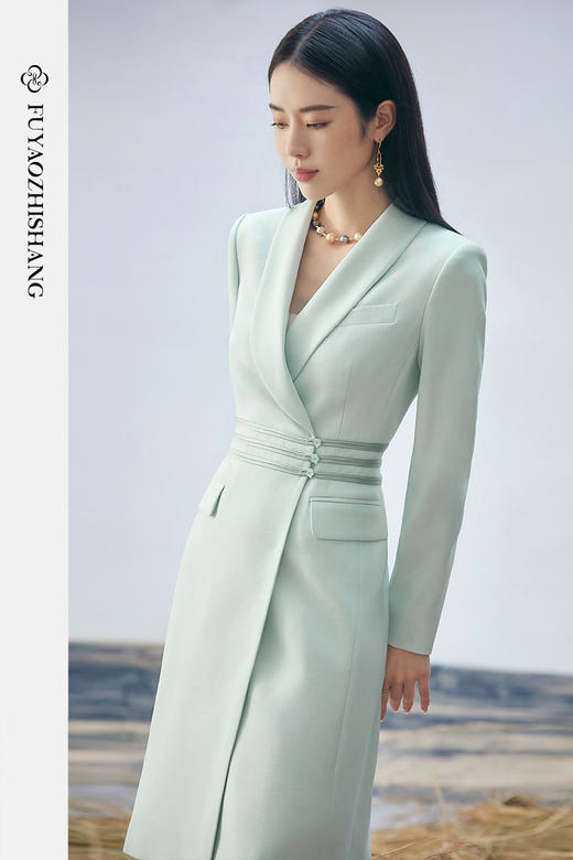 FUYAO扶摇 高端盘扣醋酸连衣裙女气质新中式国风西装裙设计师款 商品图5