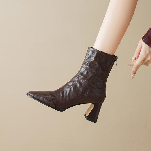 【预售5天】羊皮版~方头法式气质粗跟短靴女后拉链通勤瘦瘦靴复古马丁靴单靴WXJFG&W720 商品图0