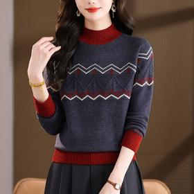 CC2025秋冬半高领撞色菱格毛衣女复古提花针织衫长袖保暖内搭打底衫
