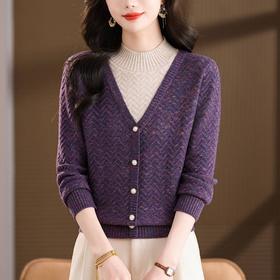 CC2025秋冬新款假两件V领针织衫女酒红色菱格纹高级感短款通勤毛衣