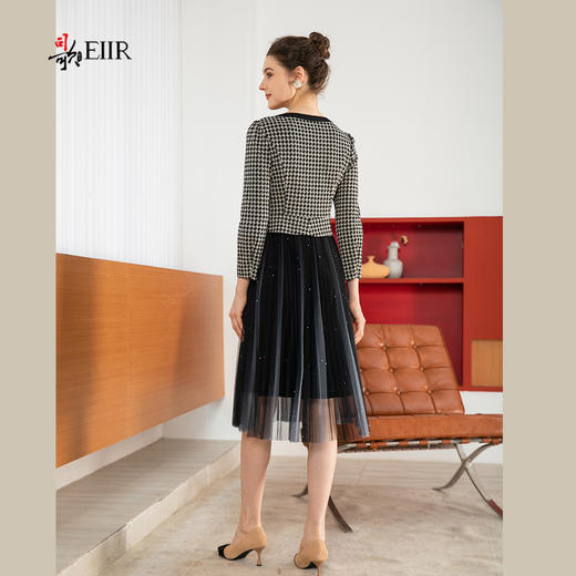 司歌格纹假两件拼网纱连衣裙收腰长袖秋冬A901259X 商品图3