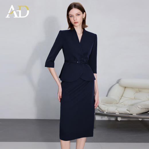 AD职场女装套装2025新款藏青色无领西装套装高级感职业装两件套裙 商品图1