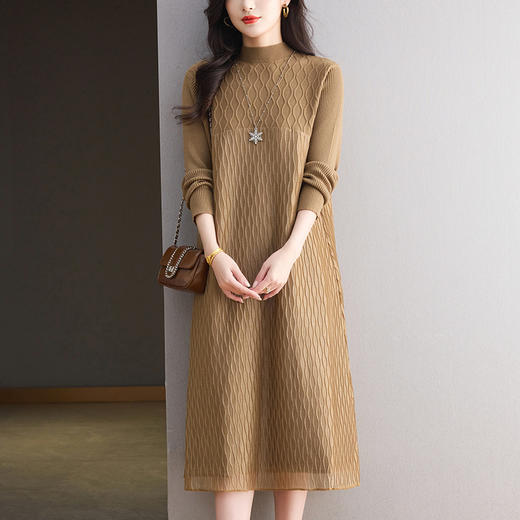 CC网纱拼接连衣裙秋冬高级感气质显瘦毛衣裙长款过膝配大衣内搭裙子 商品图3