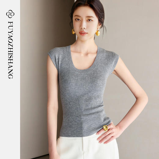FUYAO扶摇 灰色短袖t恤女2025新款天丝针织衫夏季高级感针织上衣 商品图0