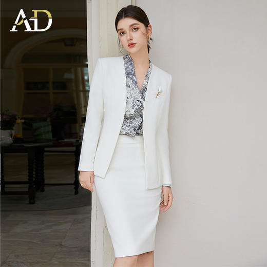 AD白色职业西装套装裙女无领西服外套通勤职业公务员面试正装 商品图1