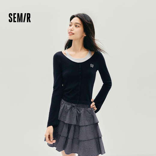 森马针织衫女冬短款假两件撞色刺绣修身2025新款小性感小心机上衣 商品图1