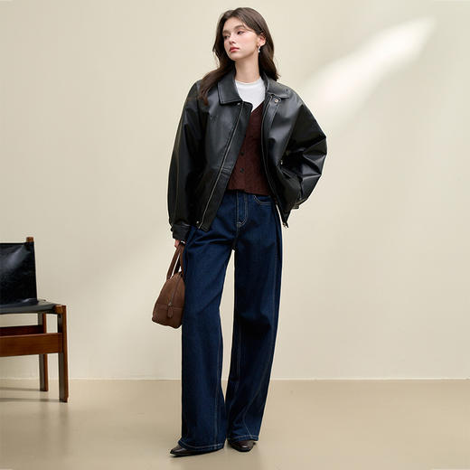 美拉德美式复古机车风PU皮外套女秋季翻领皮衣夹克V0043973 商品图5