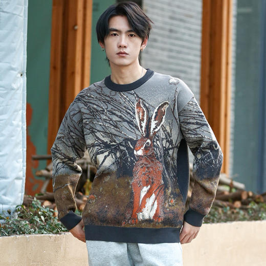 DRONKOO 2025 圆领满幅兔子提花微阔厚毛衣 商品图3