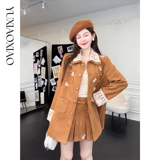 余潇潇【焦糖美术馆】复古麂皮绒钩花蕾丝短款&中长款外套&百褶半裙 商品图3