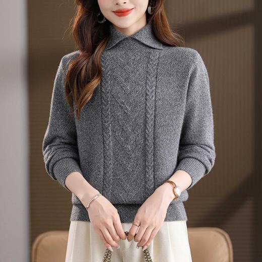 CC翻领短款毛衣女秋冬卡其色麻花针织衫复古风宽松显瘦百搭打底毛衣 商品图0