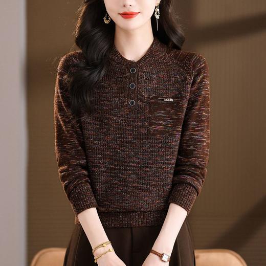 CC复古亮丝酒红色半开领针织衫女秋冬季小标装饰单排扣修身内搭毛衣 商品图1