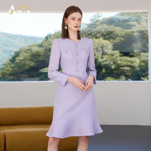 AD冬季新款气质优雅名媛女装圆领长袖修身中长款荷叶边毛呢连衣裙 商品图1